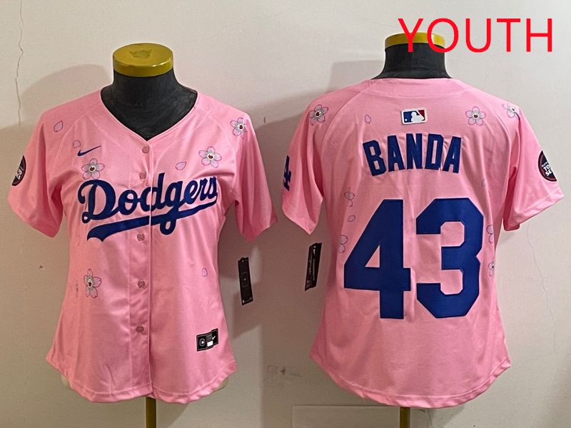 Youth Los Angeles Dodgers #43 Banda Pink White Blue Sakura Edition 2025 Nike MLB Jersey style 1